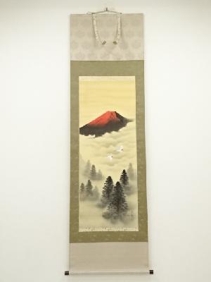 藤本芳雪筆　赤富士　肉筆絹本掛軸（共箱）